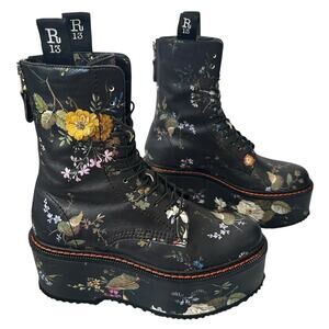 new R13 Black Floral Double Stack Platform Lace-Up Boots size US 8 EU 38